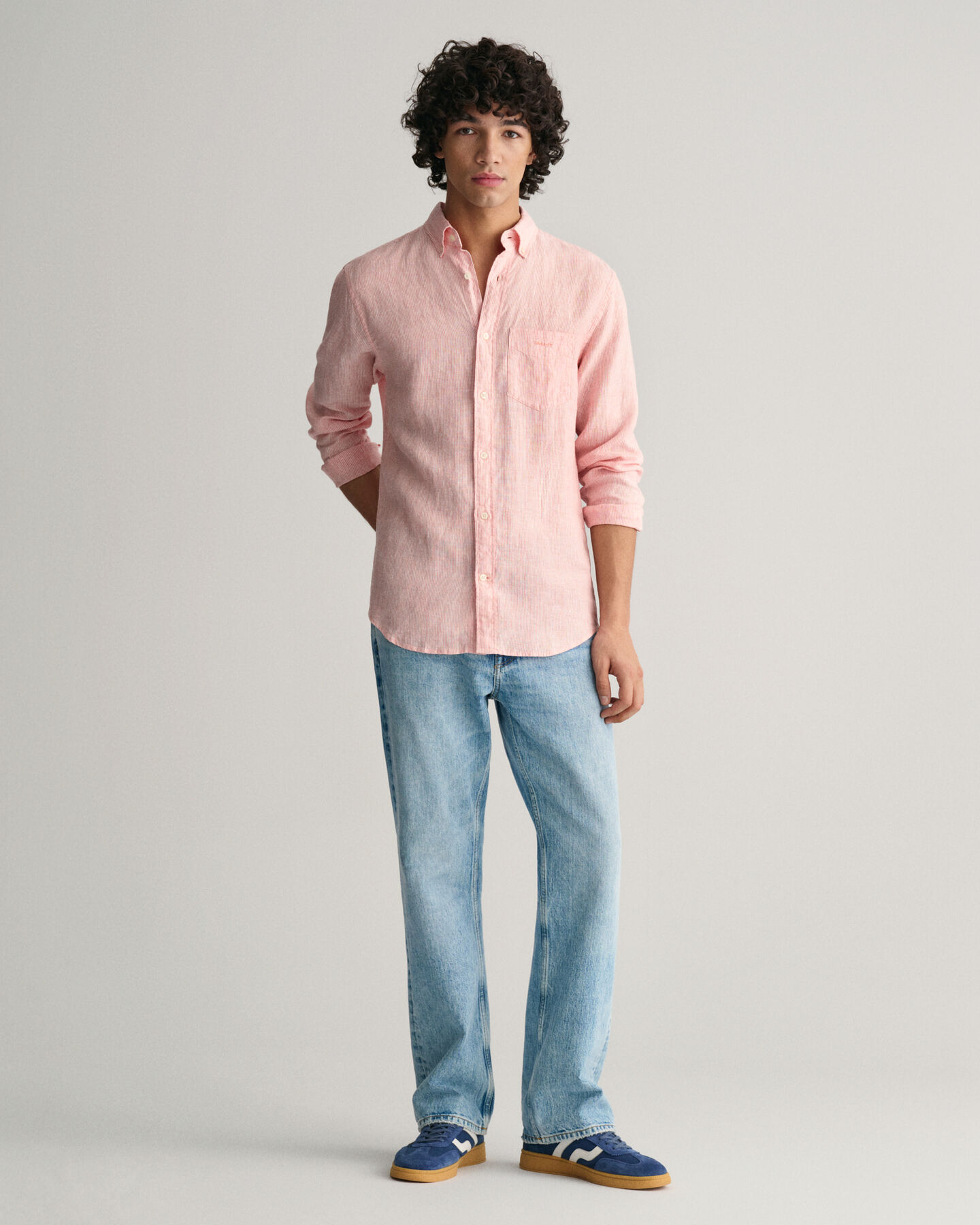 Camisa de linho &agrave;s riscas regular fit