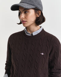 Camisola de malha entrançada de lã com decote redondo