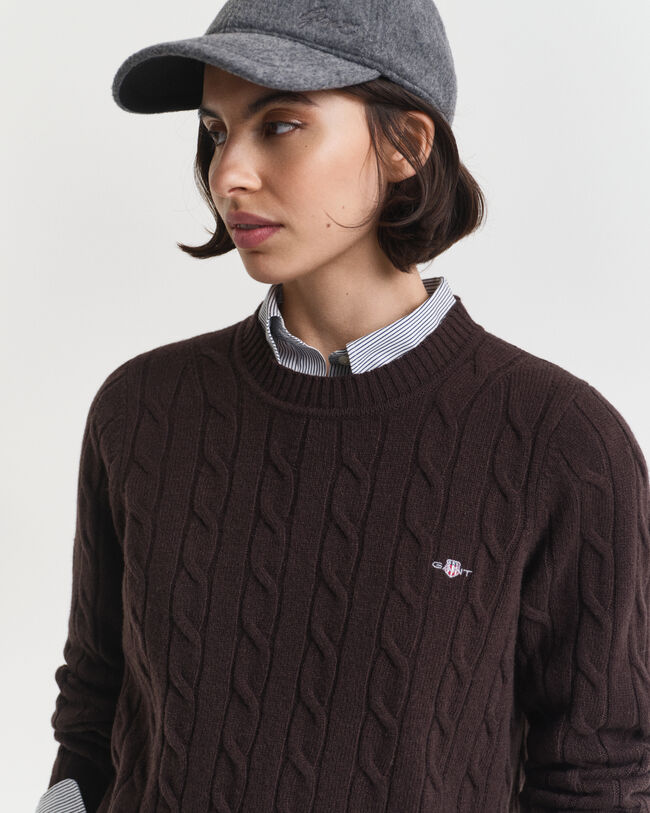 Camisola de malha entrançada de lã com decote redondo