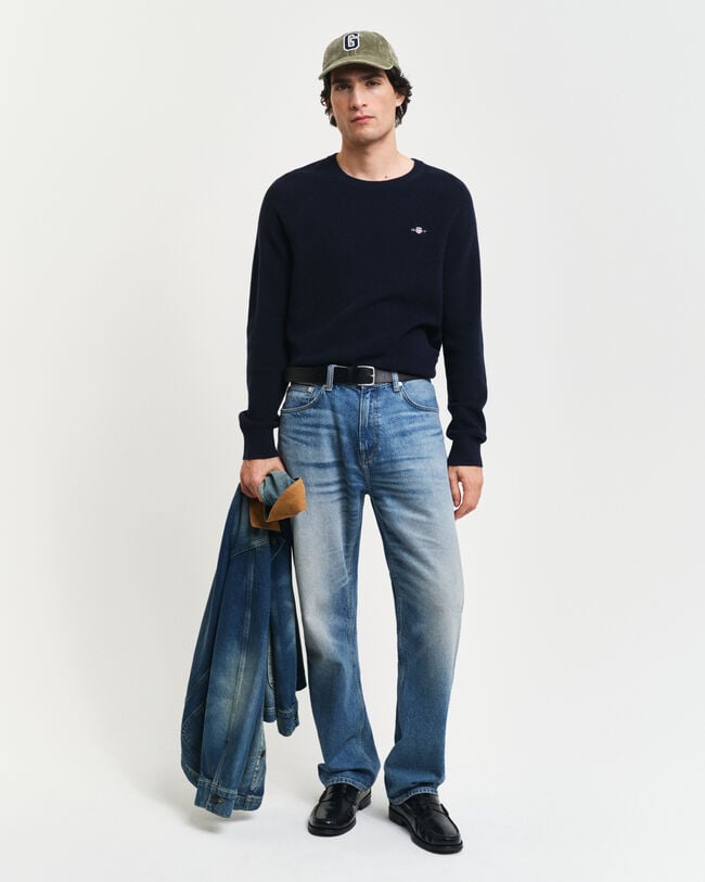 Camisola de malha canelada com decote redondo em l&atilde; e algod&atilde;o