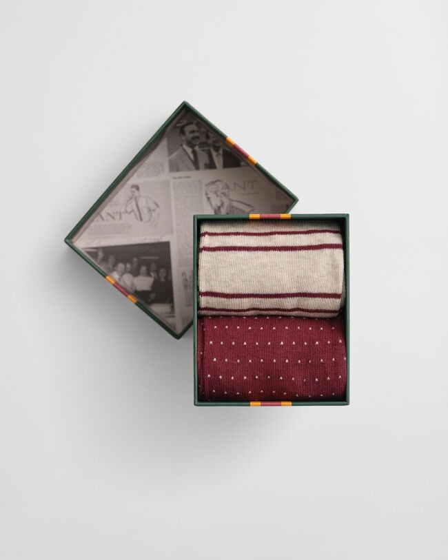 Caixa de presente com pack de dois pares de meias às riscas e às bolinhas