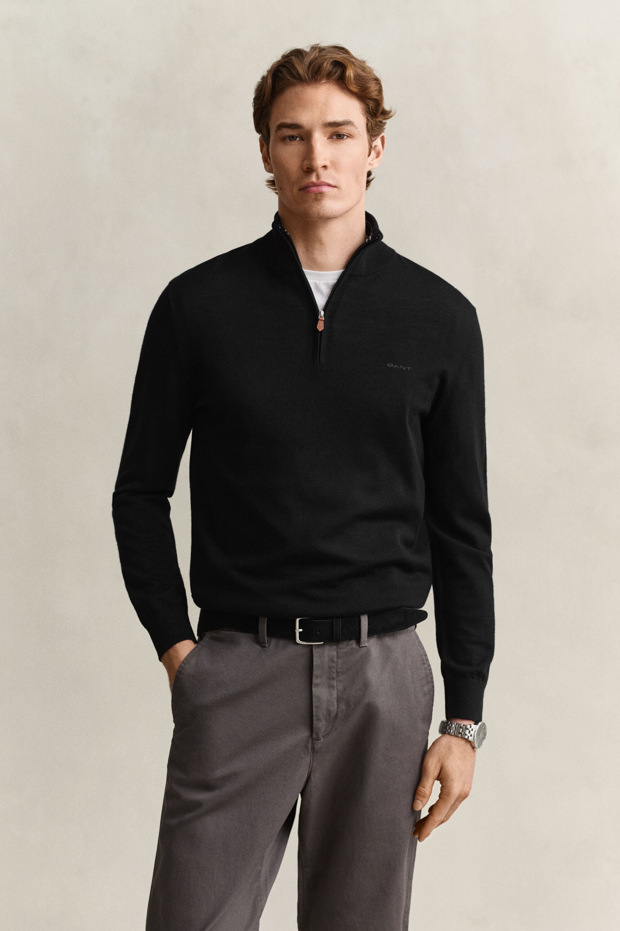 Camisola de malha com meio fecho de correr em lã de merino