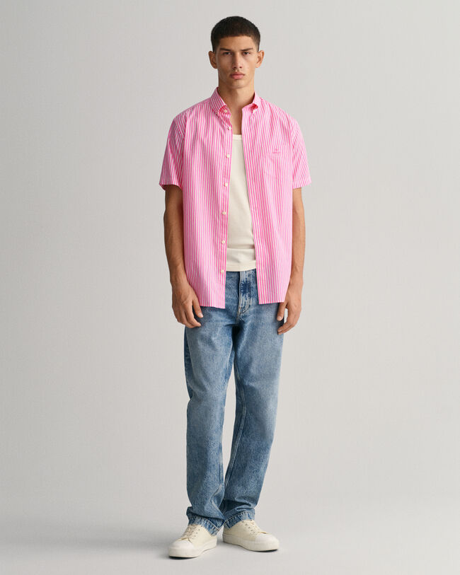 Camisa de popelina às riscas de manga curta regular fit