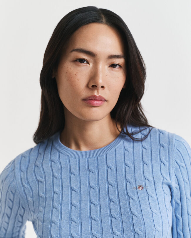 Camisola de malha entrançada com decote redondo em algodão com elastano