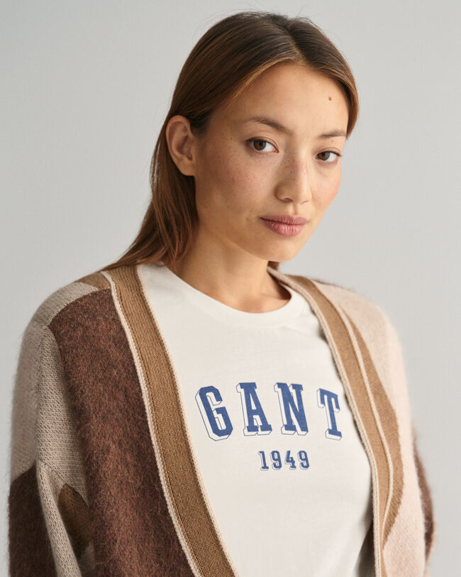 Casaco de malha em intarsia com estampado de letras