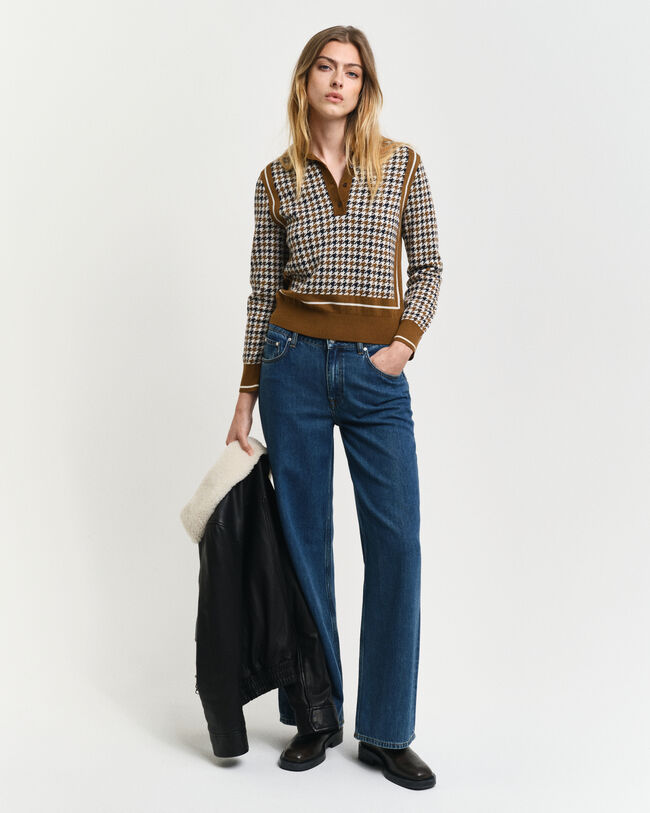 Camisola de malha estilo polo em padr&atilde;o Jacquard Houndstooth