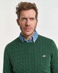 Camisola em malha entrançada de algodão com decote redondo