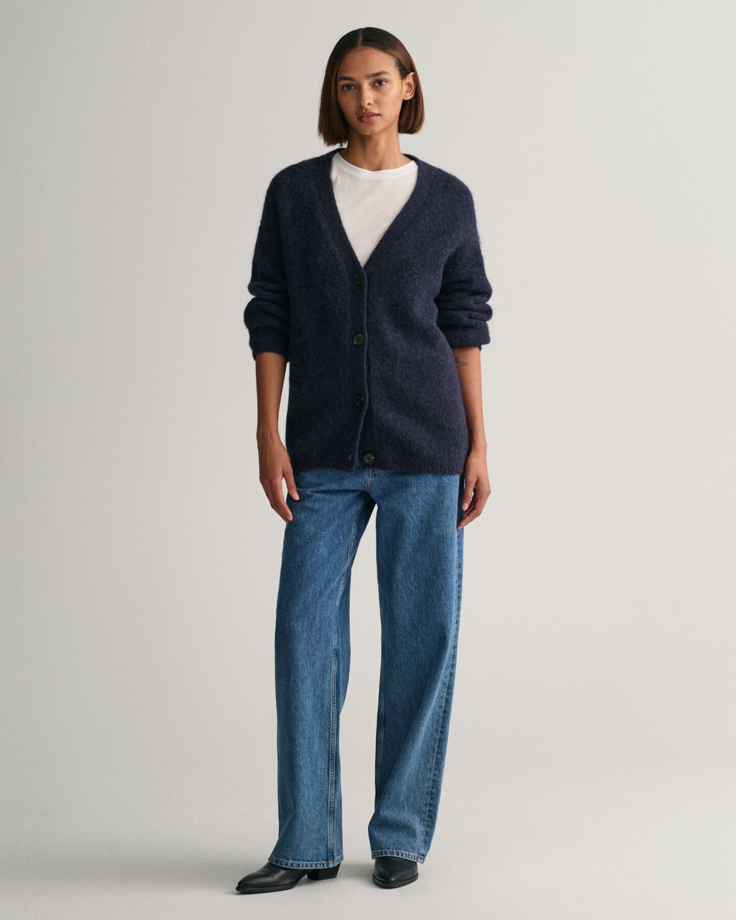 Casaco de malha com decote em V Hairy Textured