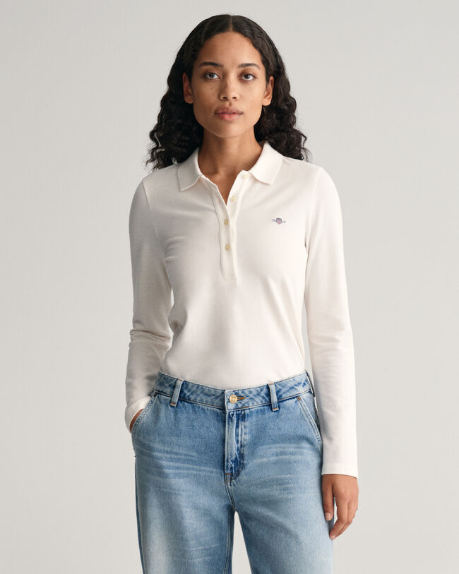 Polo de manga comprida em algodão piqué Shield