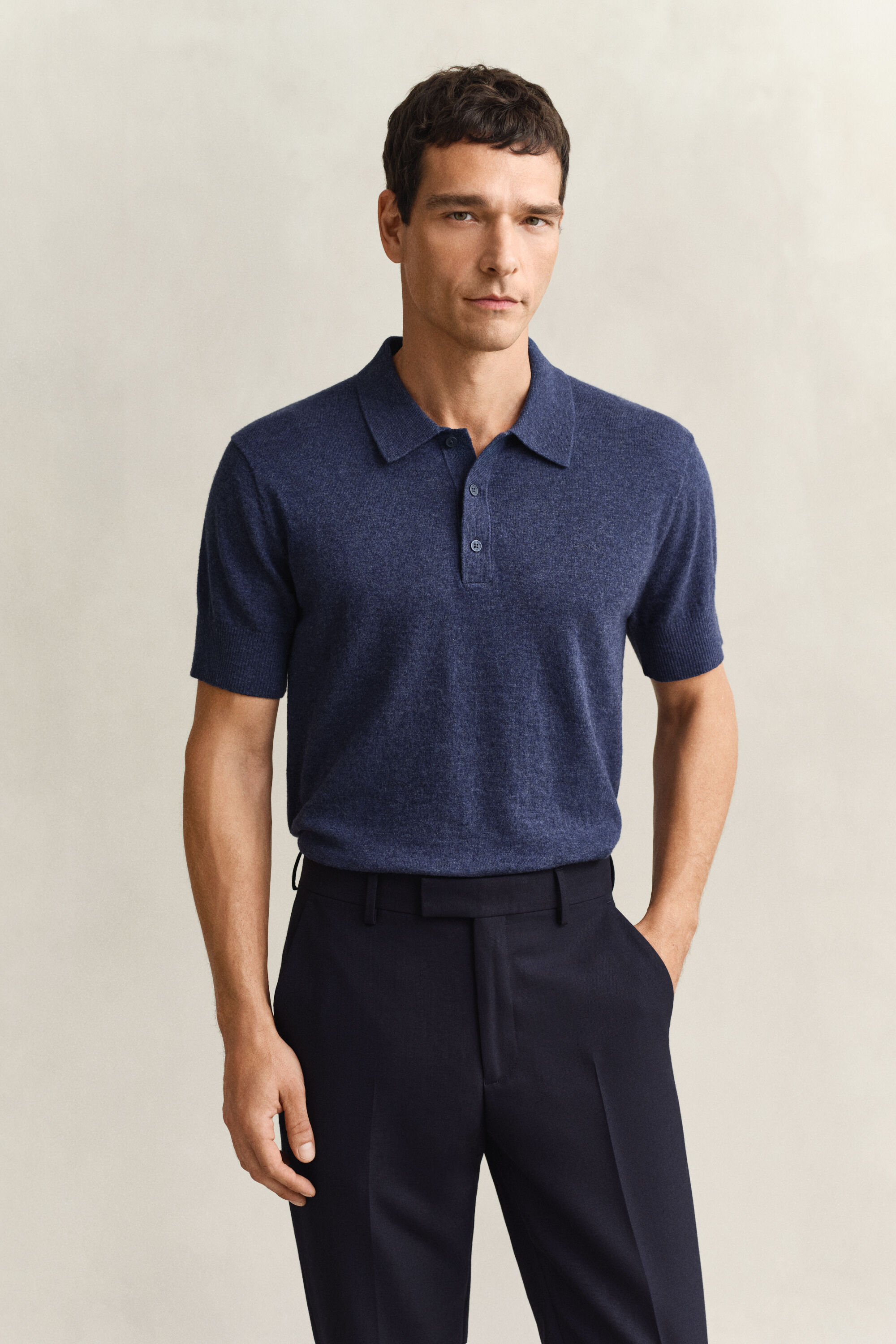 Camisola de malha estilo polo com manga curta em algodão com mistura de fios