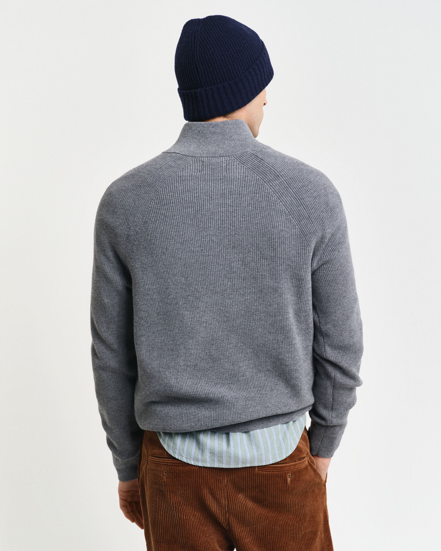 Camisola de malha canelada em l&atilde; e algod&atilde;o com meio fecho de correr