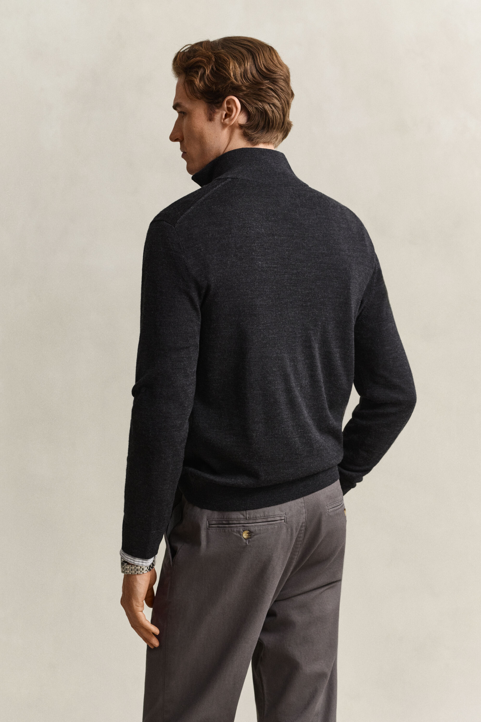 Camisola de malha com meio fecho de correr em lã de merino