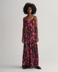 Vestido maxi estampado com alças finas