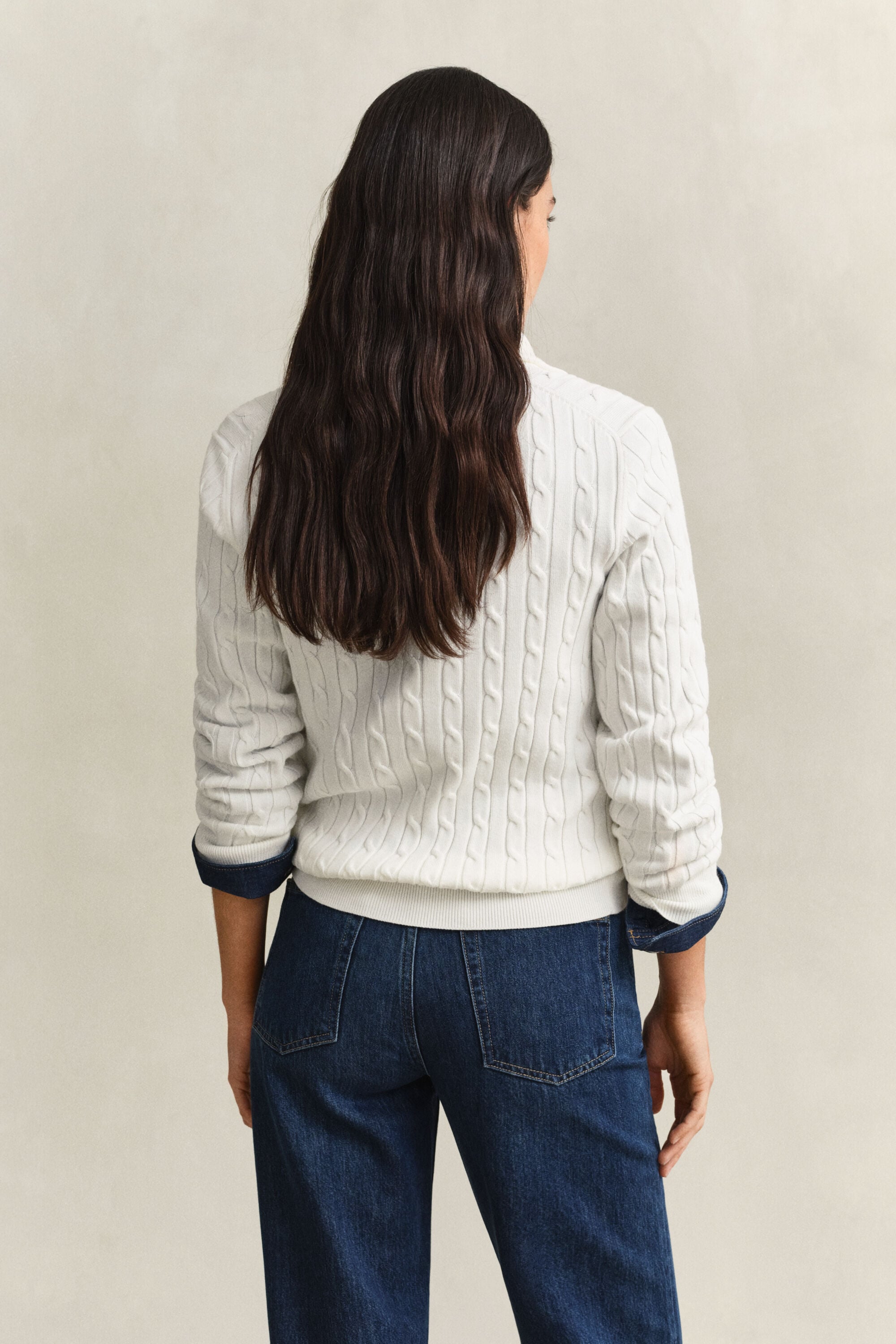 Camisola de malha entrançada com elastano e meio fecho de correr