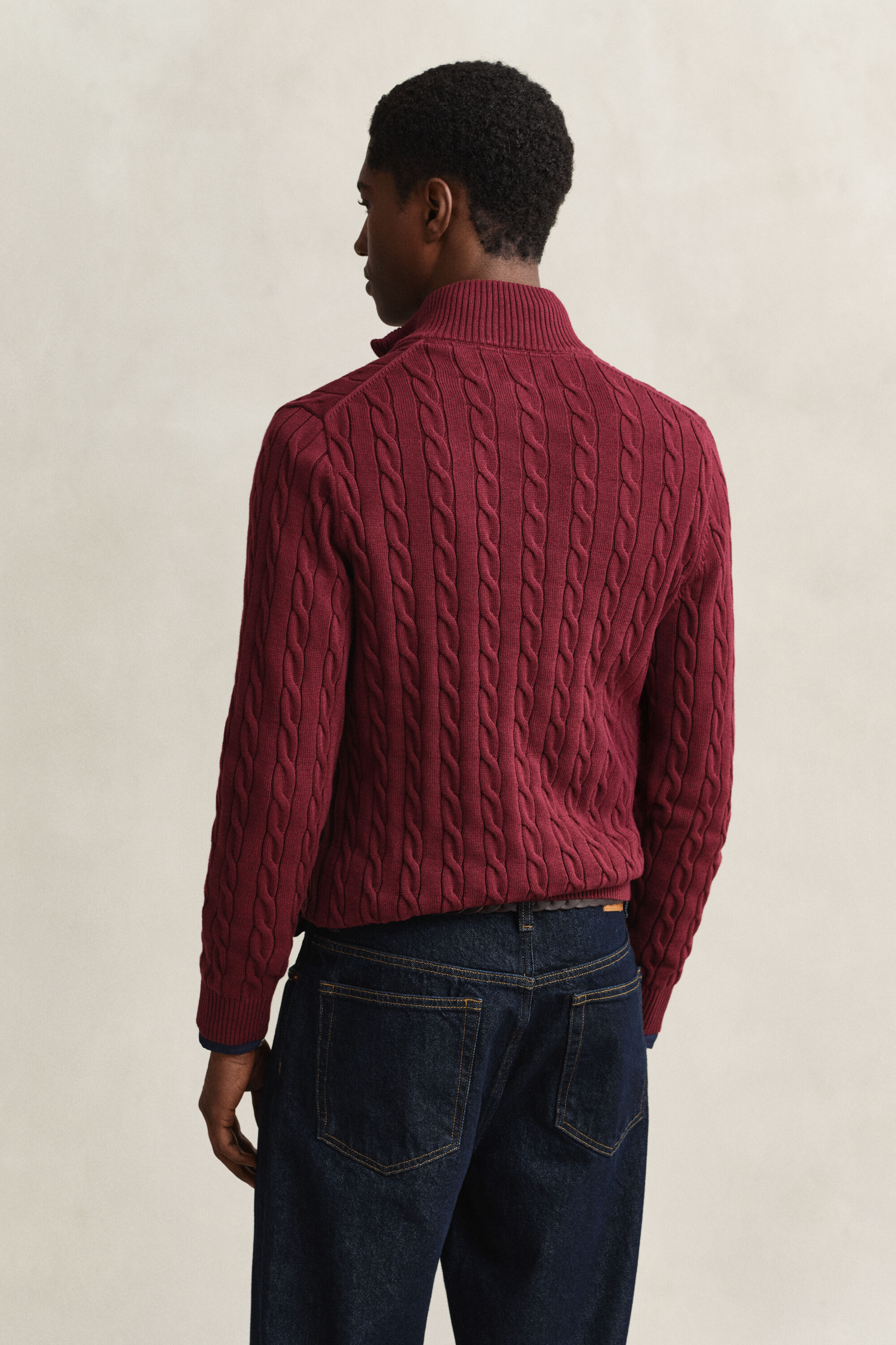 Camisola de malha entrançada de algodão com meio fecho de correr