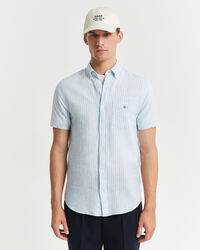 Camisa de manga curta em linho e algodão às riscas regular fit