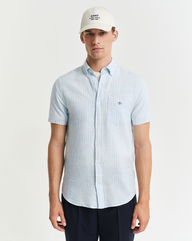 Camisa de manga curta em linho e algodão às riscas regular fit