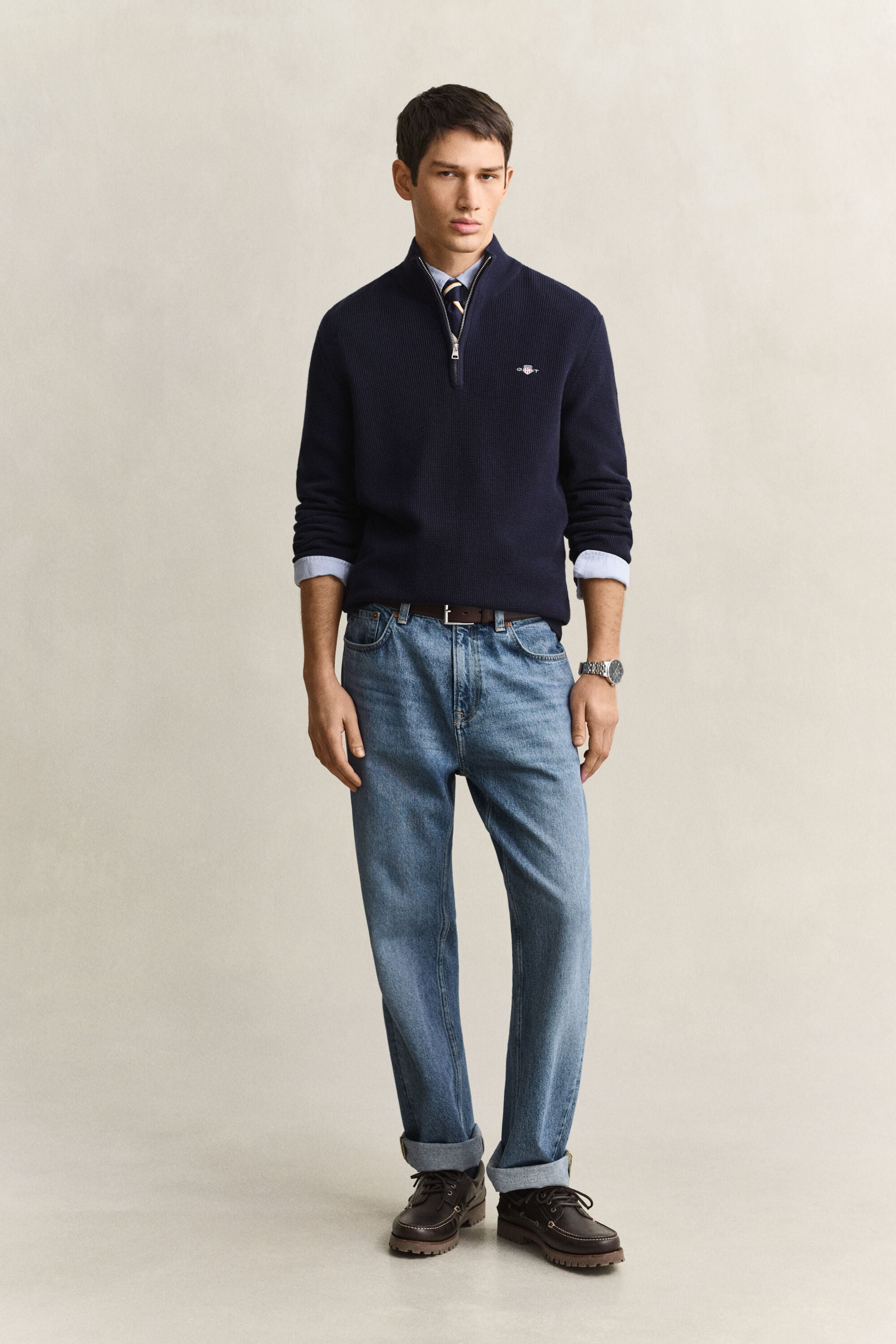 Camisola de malha com meio fecho em algodão texturizado