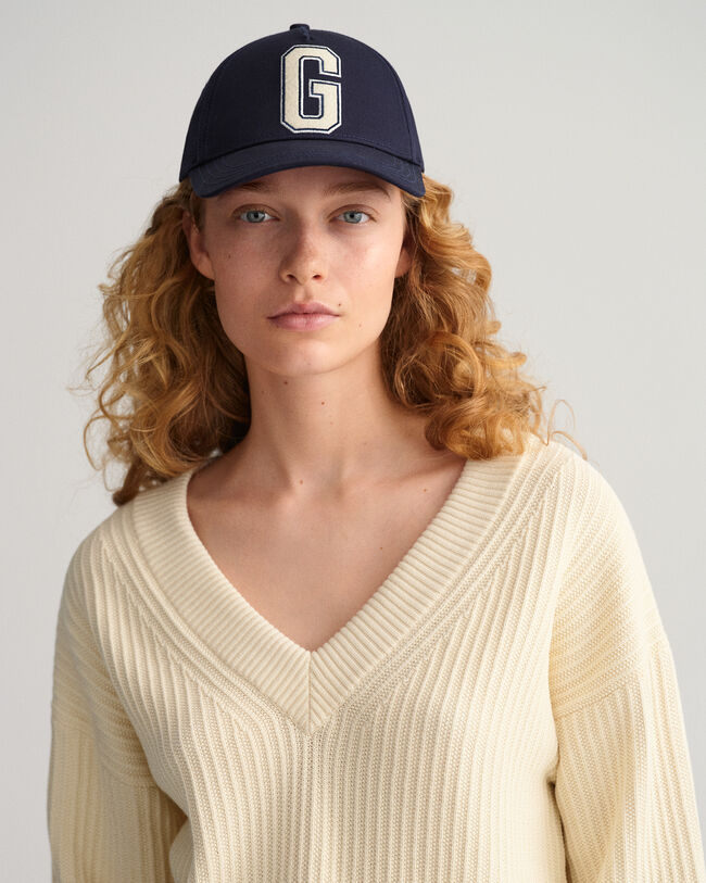 Pulover com decote em V em malha de algod&atilde;o canelada