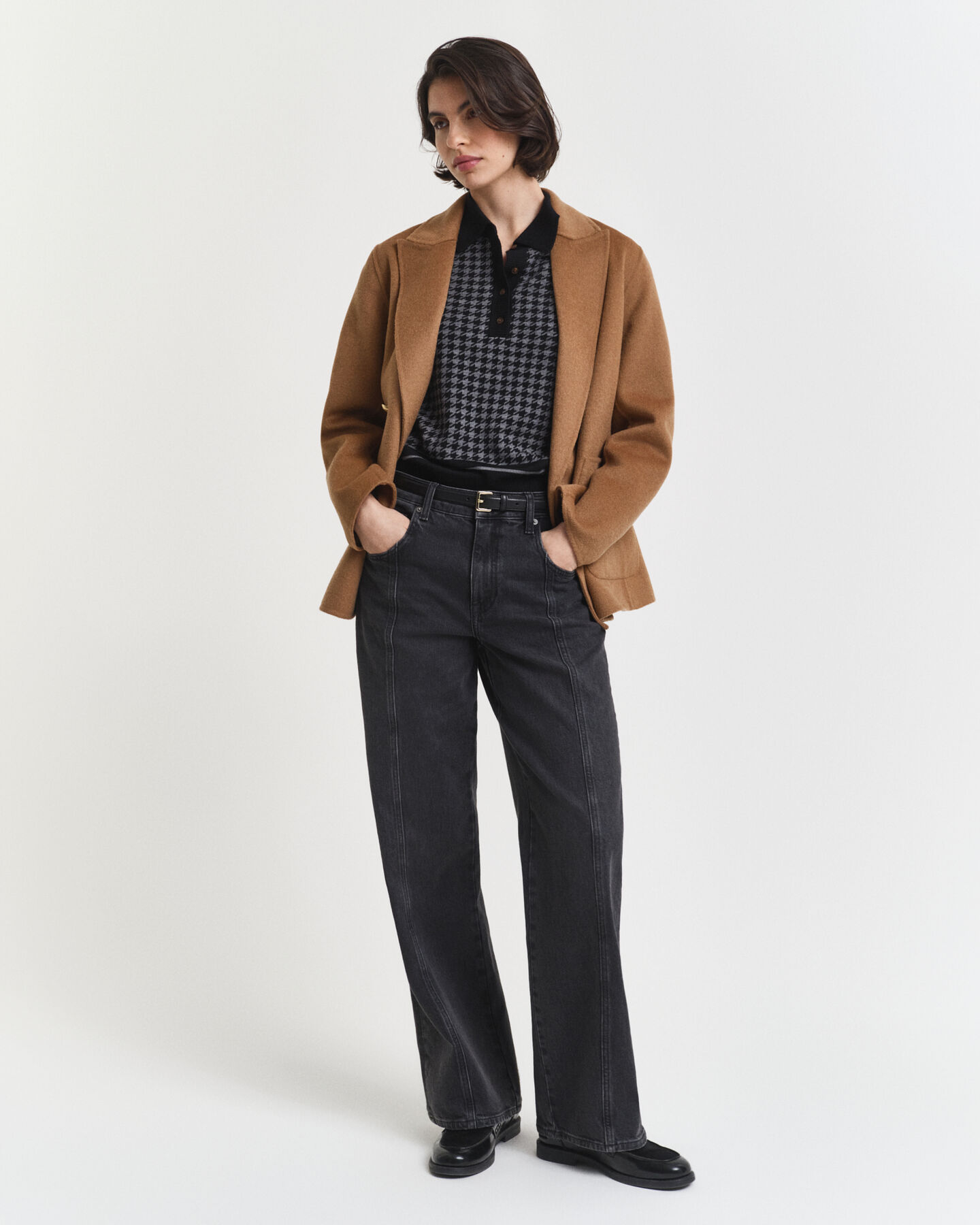 Camisola de malha estilo polo com padrão Jacquard Houndstooth