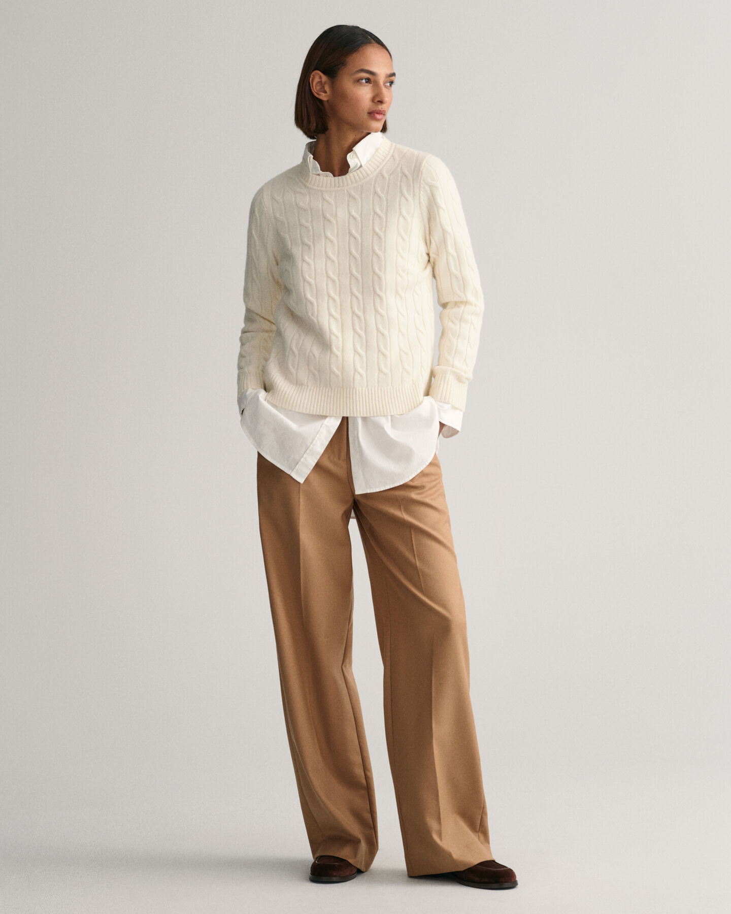 Pulover com decote redondo em malha entran&ccedil;ada de l&atilde;