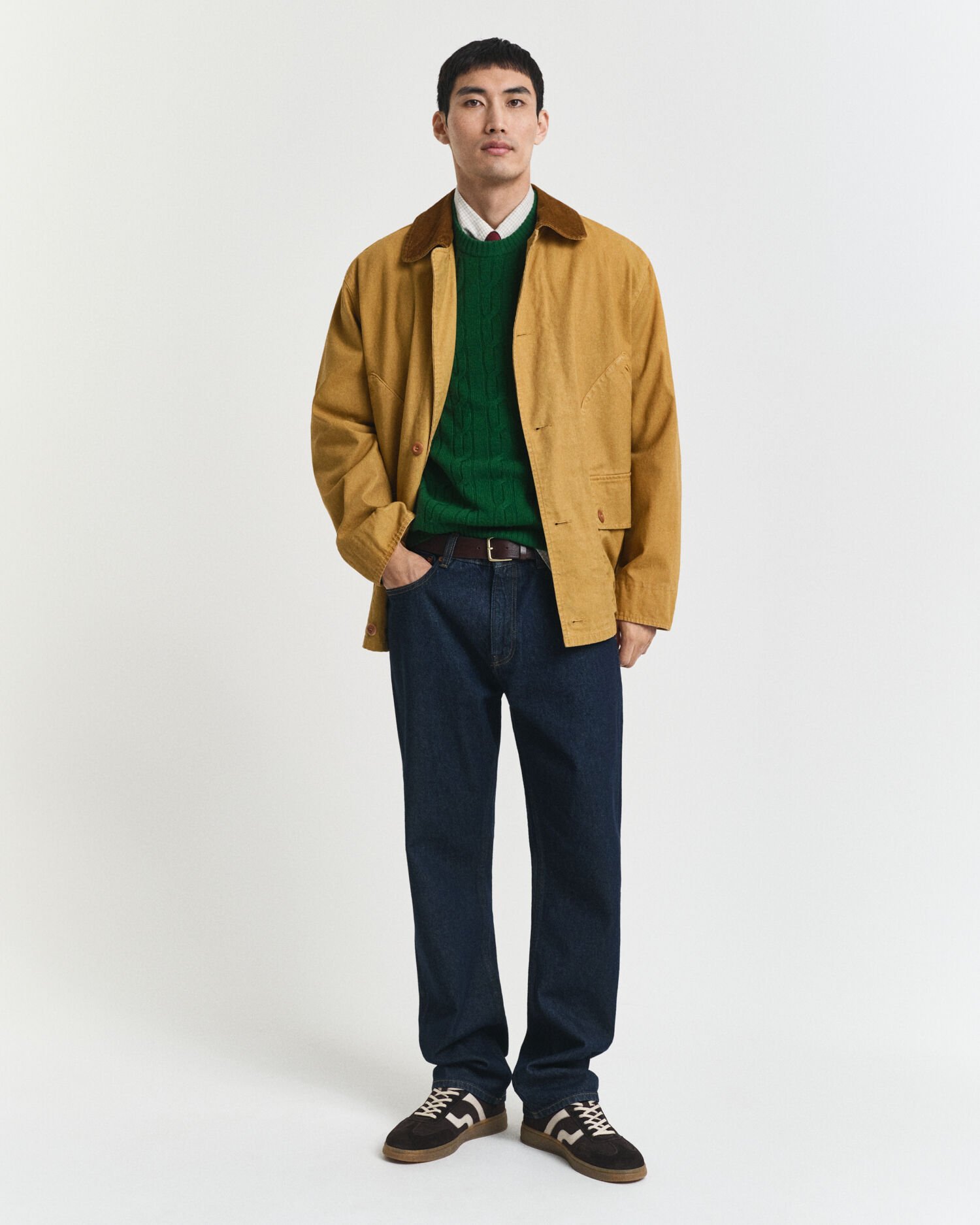 Camisola de malha entrançada de lã com decote redondo