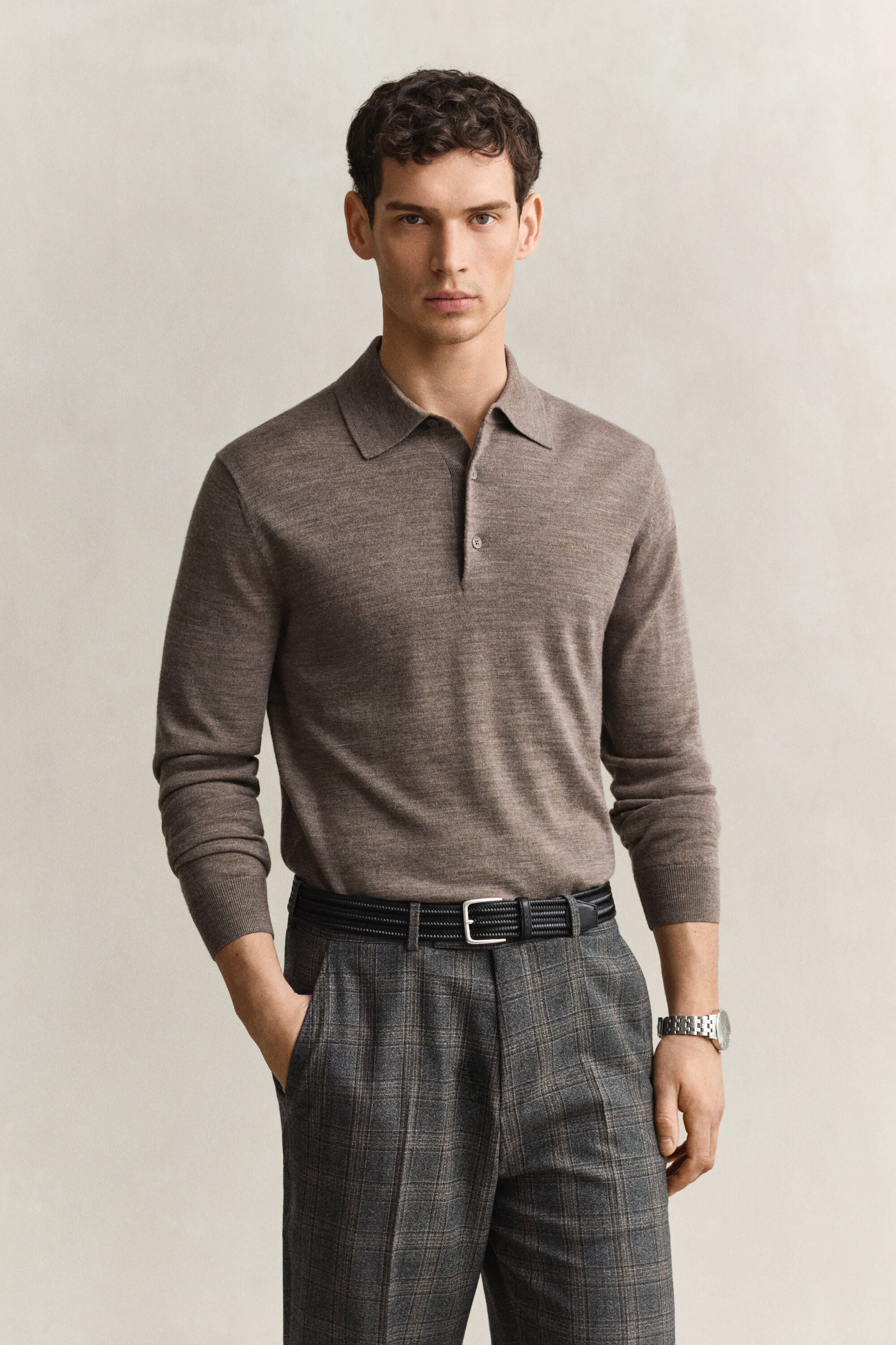 Camisola de malha estilo polo em lã de merino extrafina