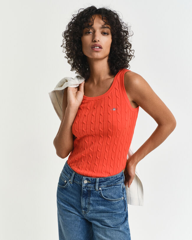 Camisola sem mangas em malha entran&ccedil;ada de algod&atilde;o com elastano