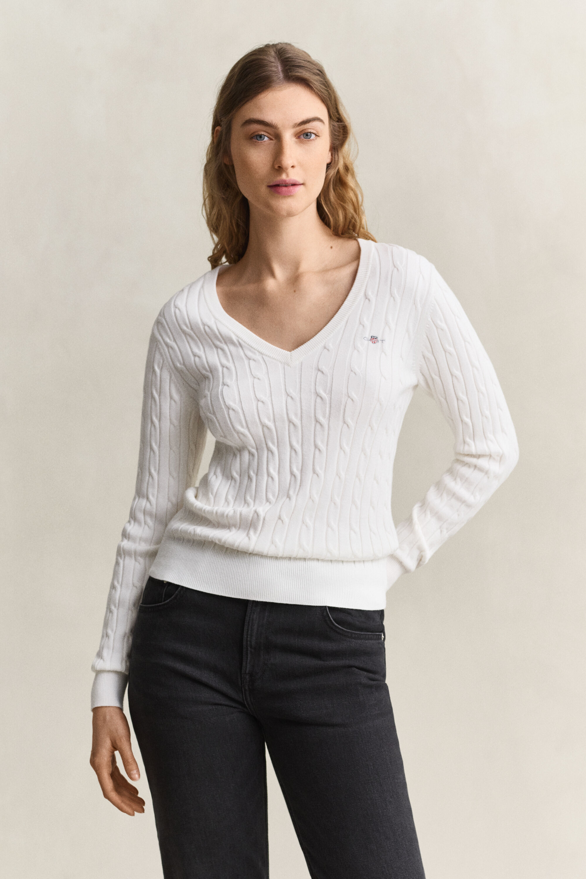 Camisola de malha entrançada com decote em V em algodão com elastano