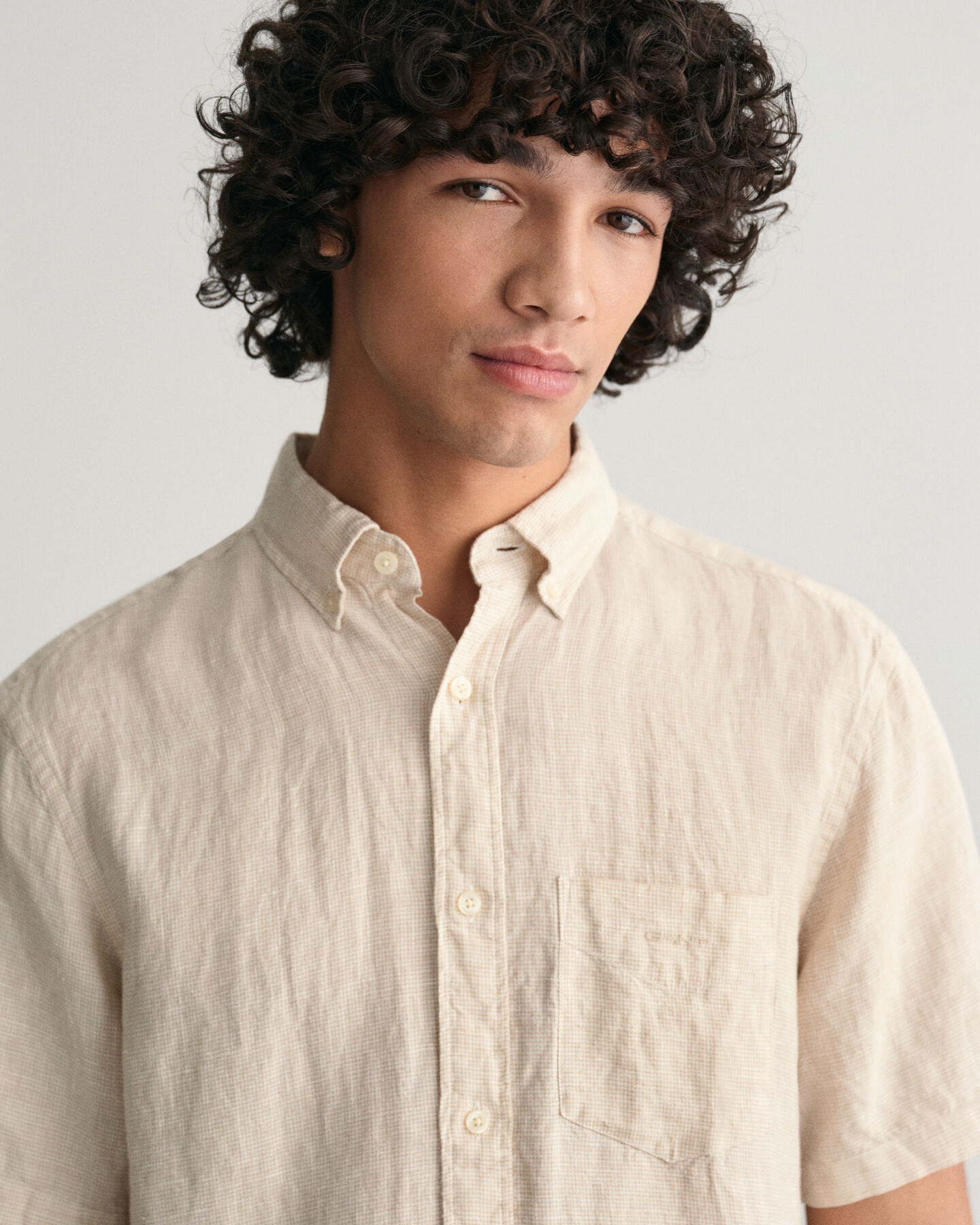 Camisa de linho com manga curta Houndstooth regular fit