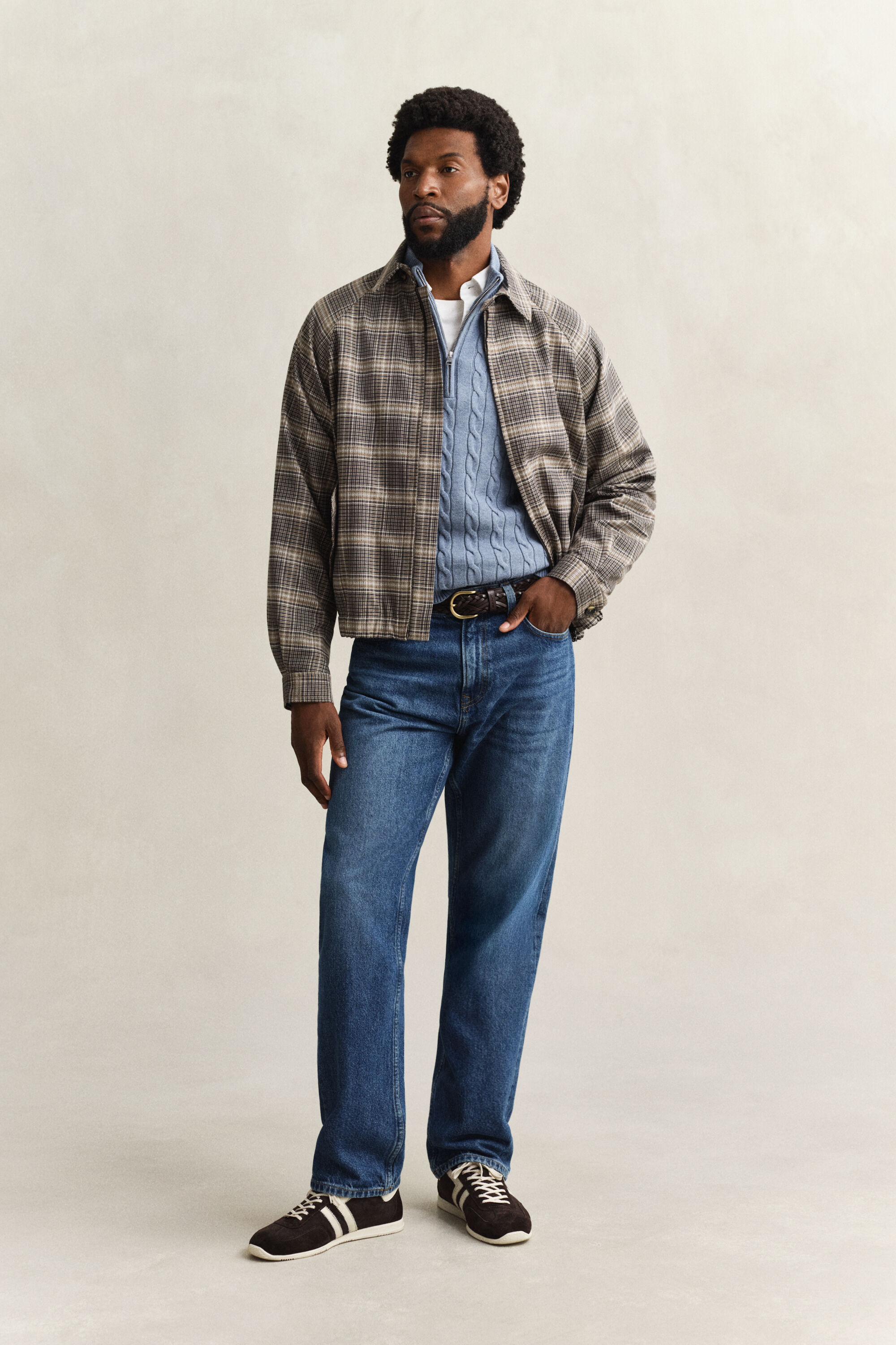 Camisola de malha entrançada de algodão com meio fecho de correr