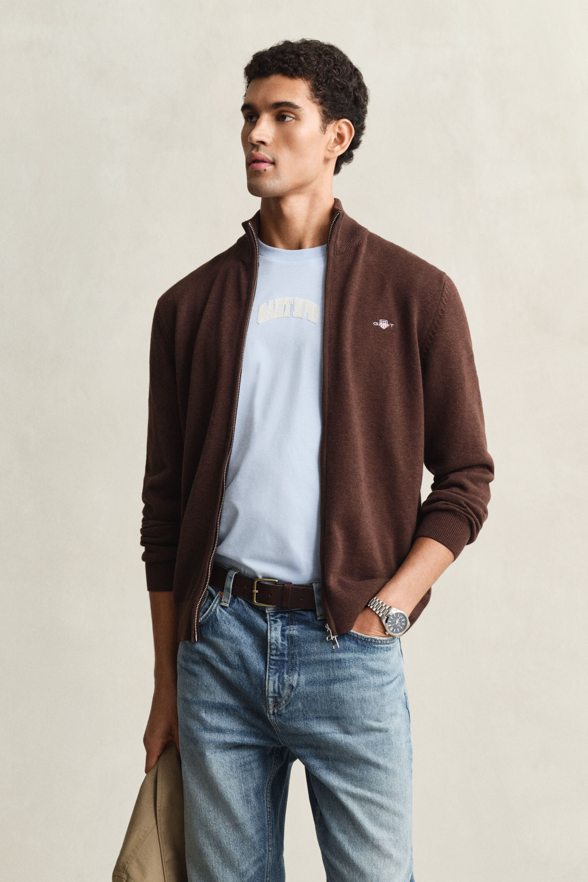 Casaco de malha com fecho de correr Casual Cotton