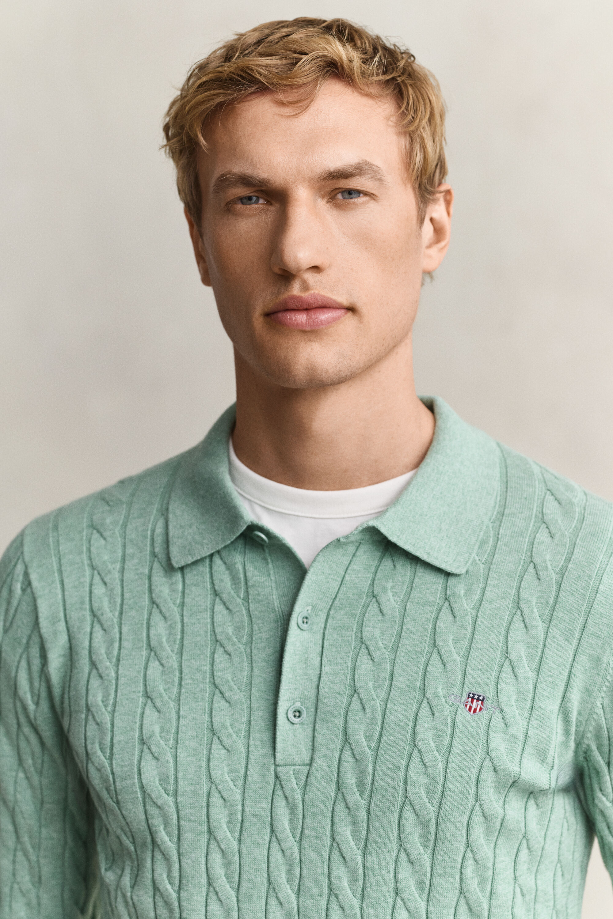 Camisola de malha tipo polo em malha entrançada de algodão