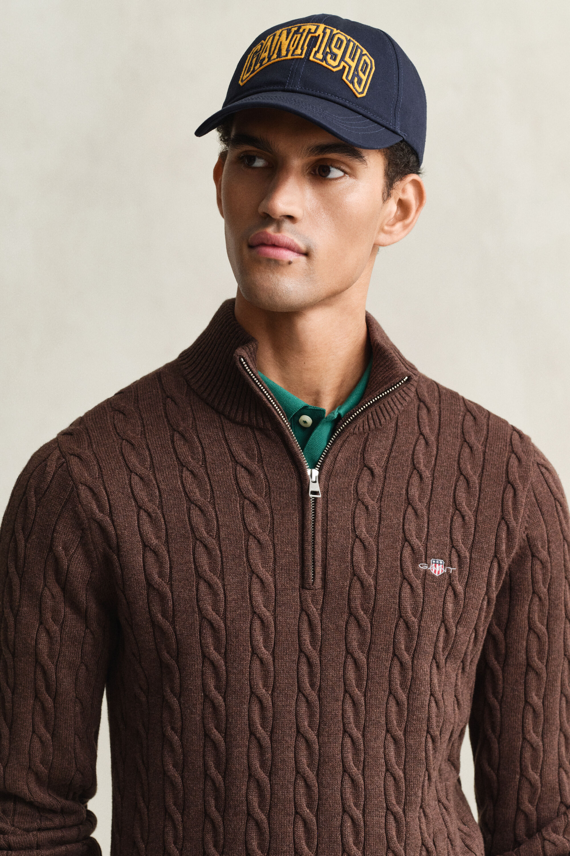 Camisola de malha entrançada de algodão com meio fecho de correr