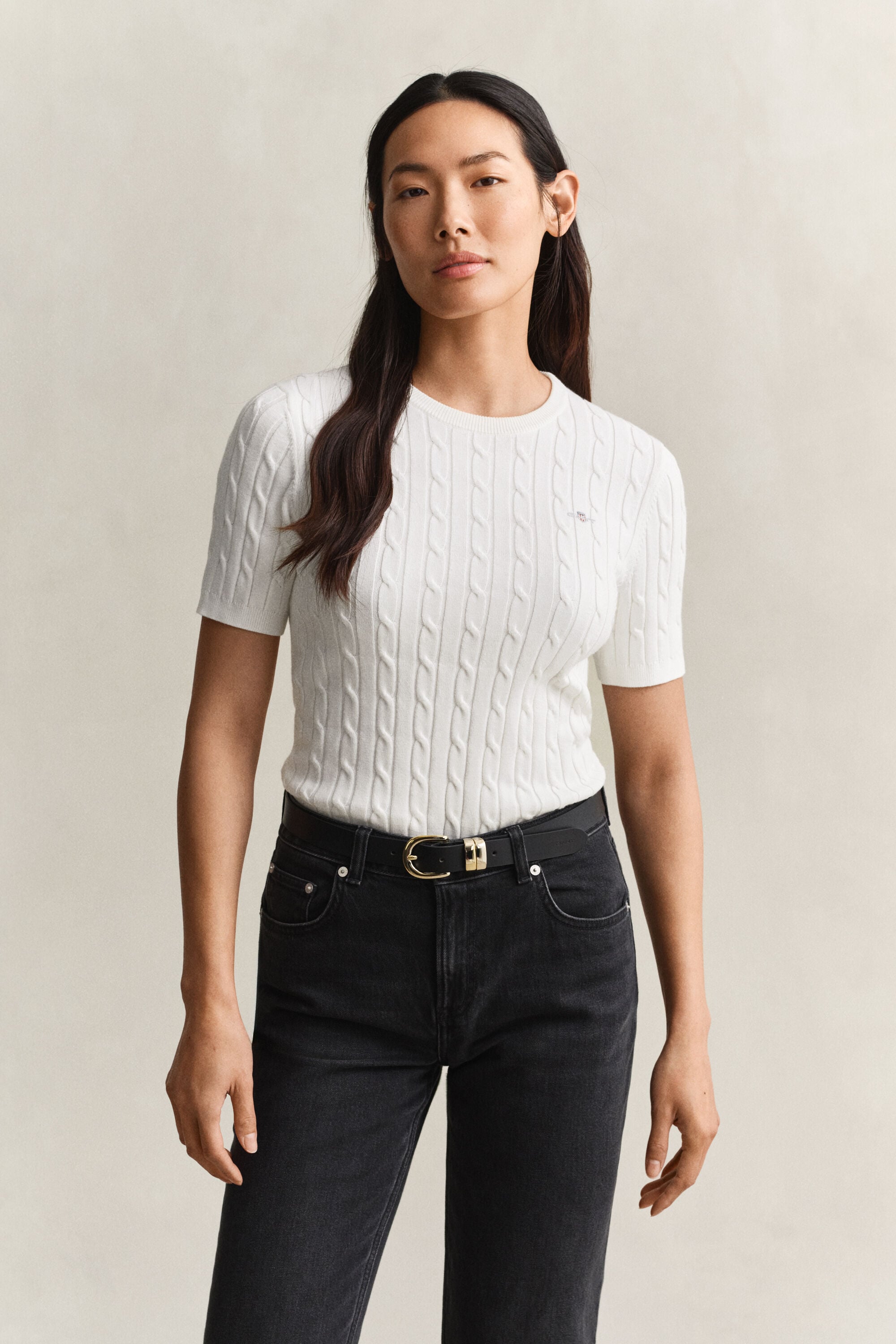Camisola de malha entrançada em algodão com elastano de manga curta