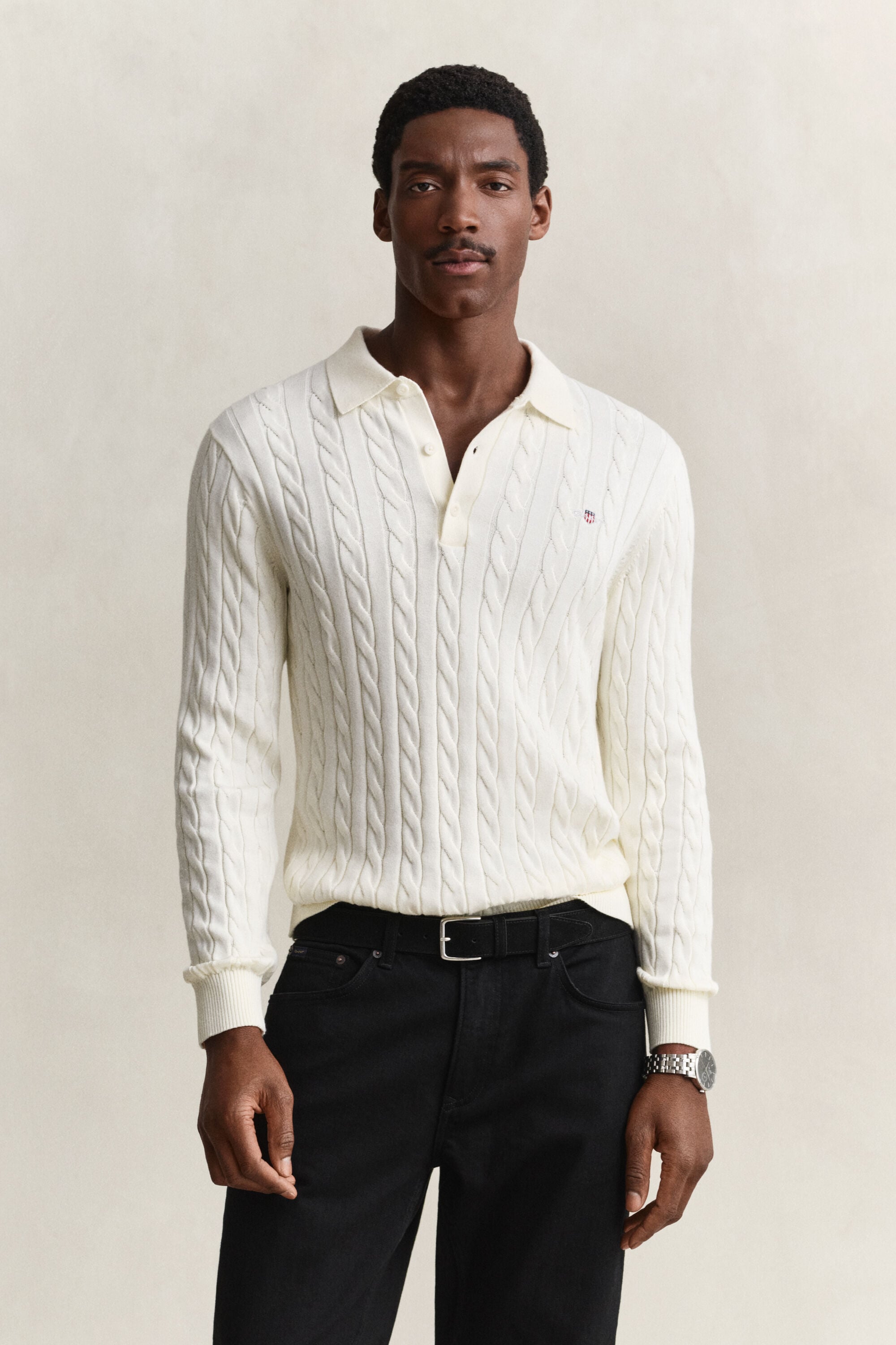 Camisola de malha tipo polo em malha entrançada de algodão