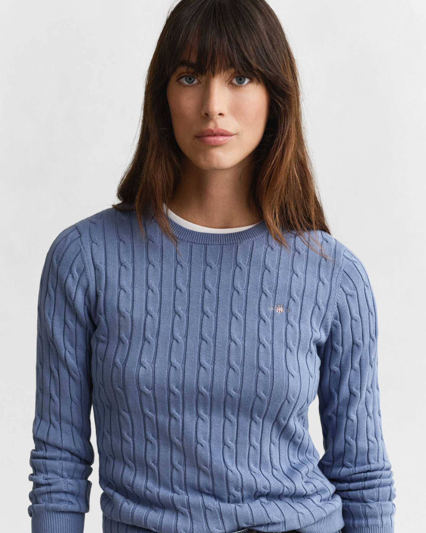 Camisola de malha entrançada com decote redondo em algodão com elastano