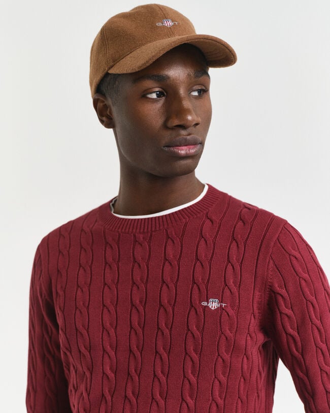 Camisola em malha entrançada de algodão com decote redondo