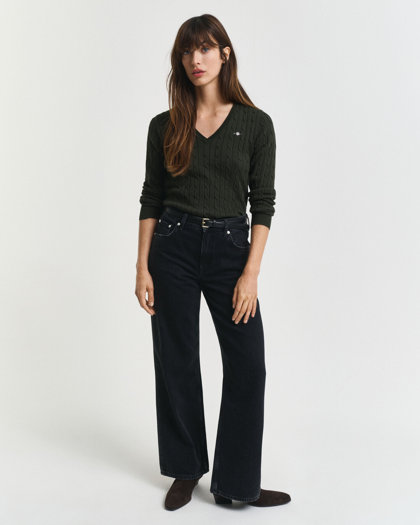 Camisola de malha entrançada com decote em V em algodão com elastano