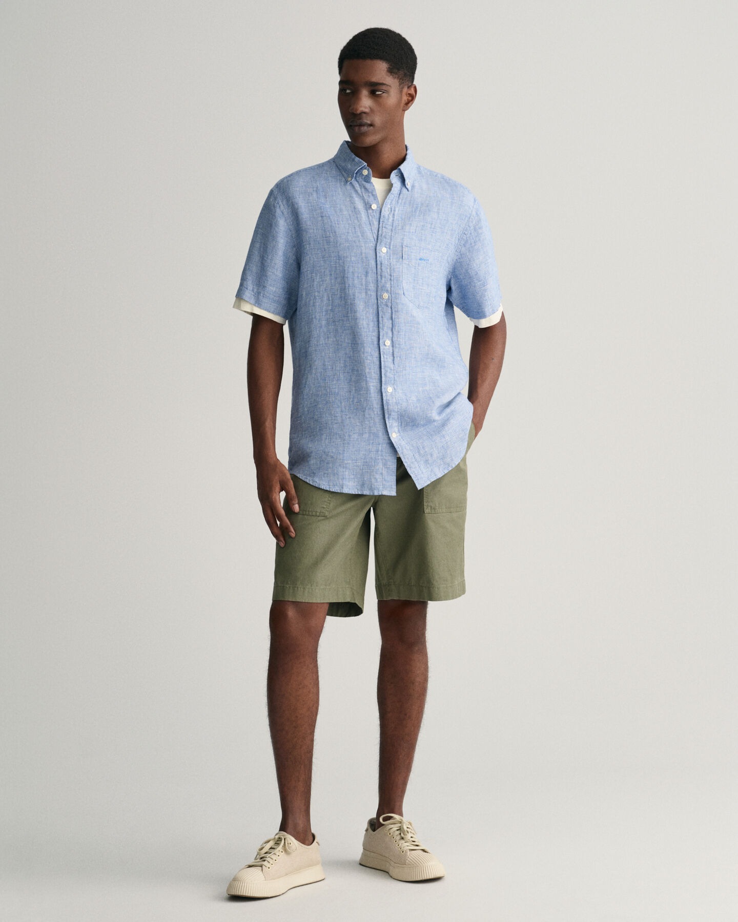 Camisa de linho com manga curta Houndstooth regular fit