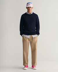 Pulover com decote redondo em malha entran&ccedil;ada de algod&atilde;o