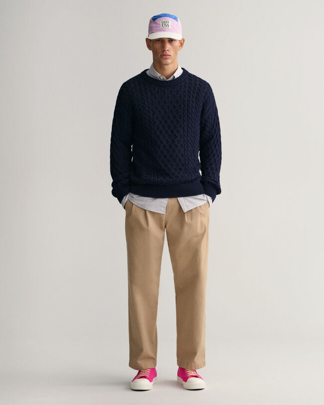 Pulover com decote redondo em malha entran&ccedil;ada de algod&atilde;o