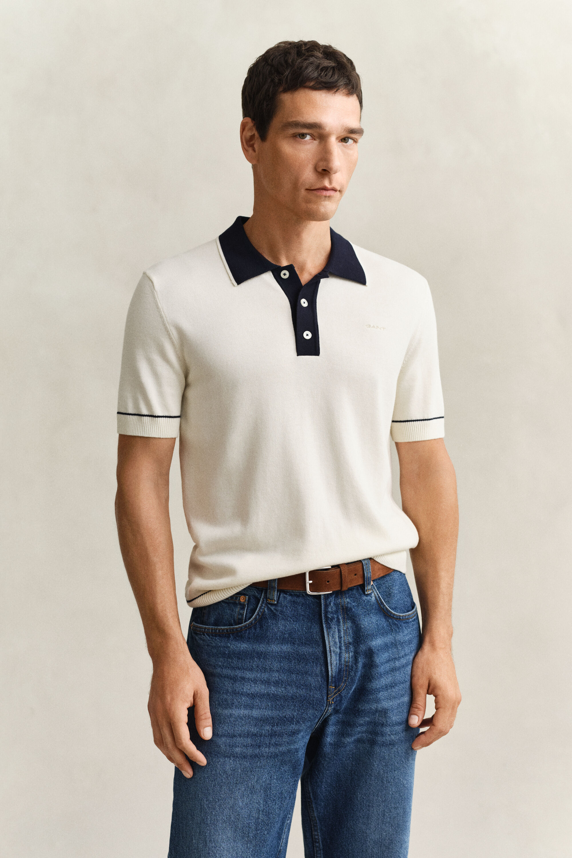 Camisola de malha estilo polo em tecido modal e algodão