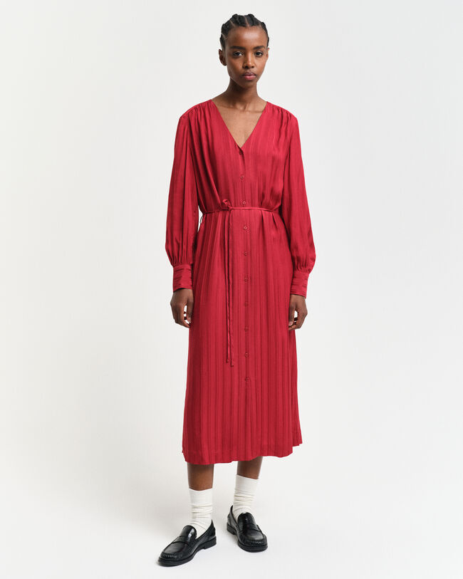 Vestido-camisa em cetim &agrave;s riscas