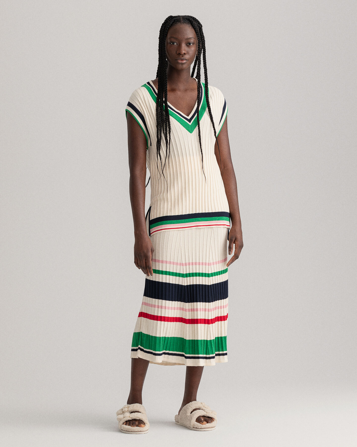 Colete de malha canelada &agrave;s riscas