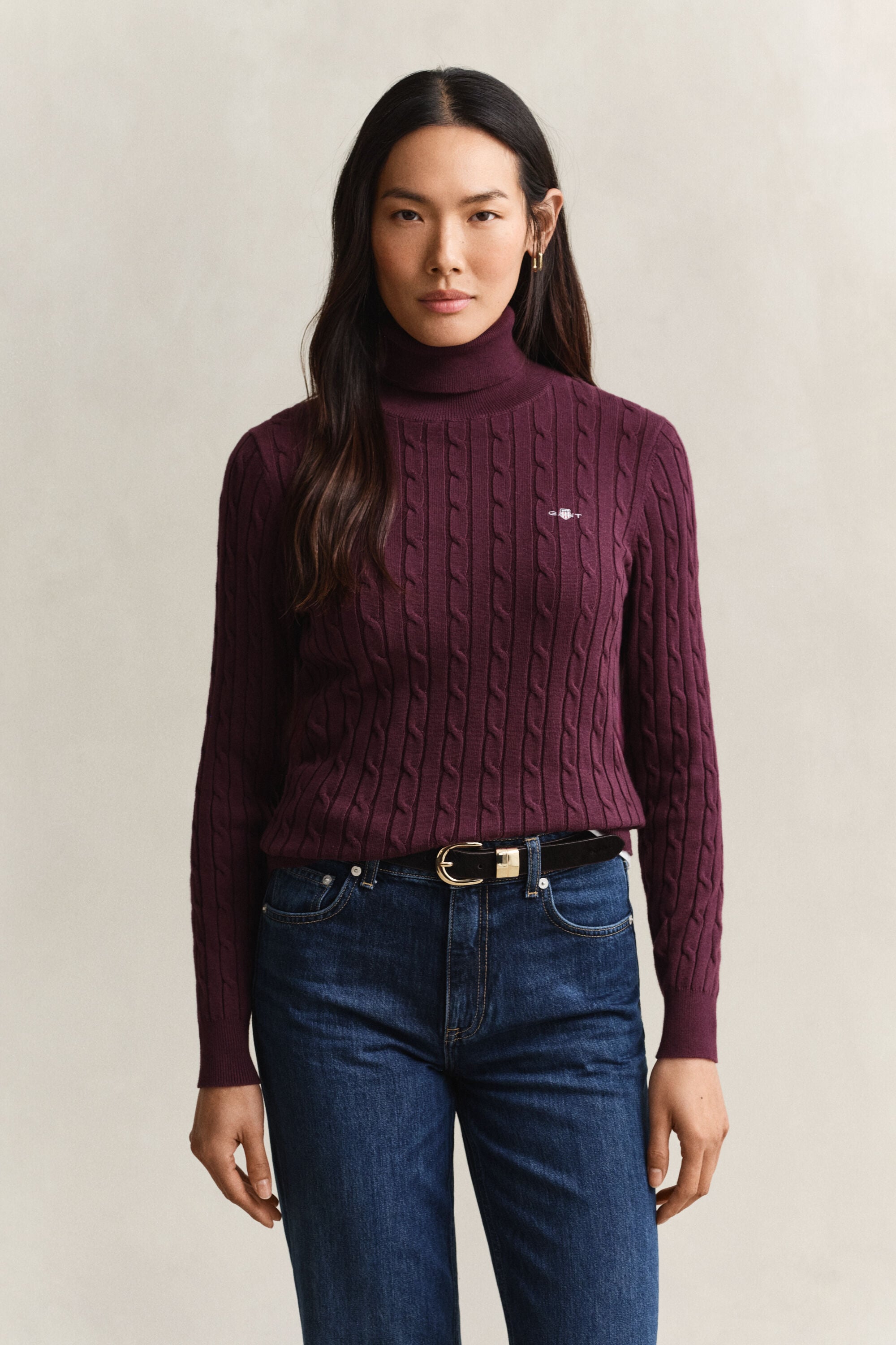 Camisola de gola alta em malha entrançada de algodão com elastano