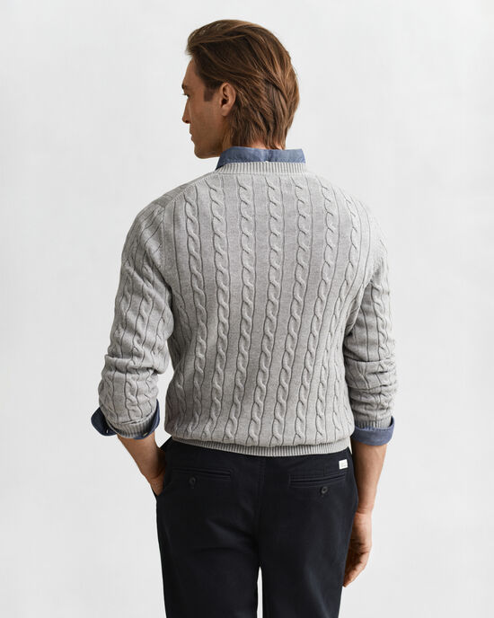 Camisola em malha entrançada de algodão com decote redondo