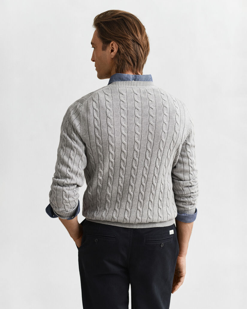 Camisola em malha entrançada de algodão com decote redondo