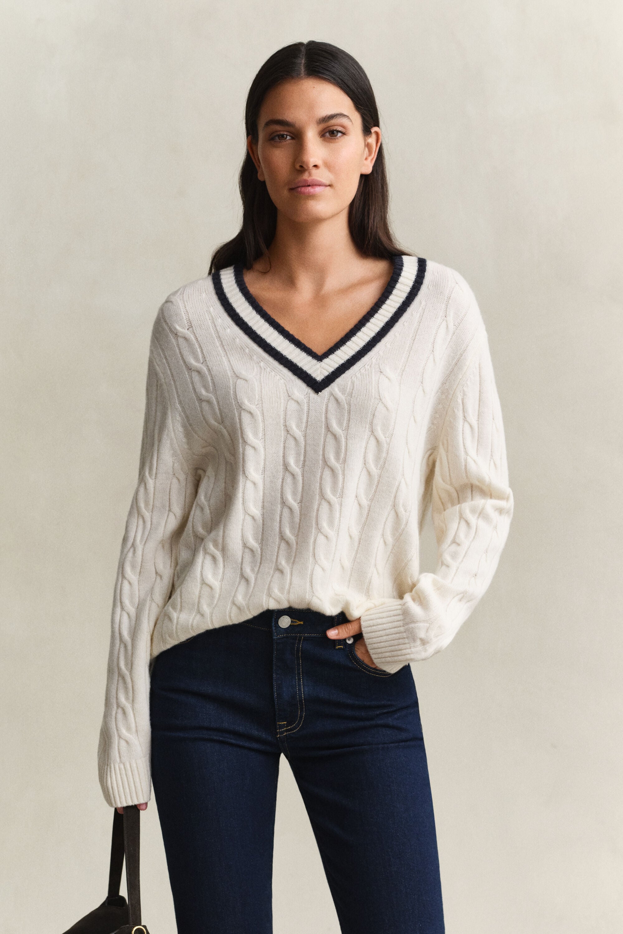 Camisola de malha entrançada em lã de merino