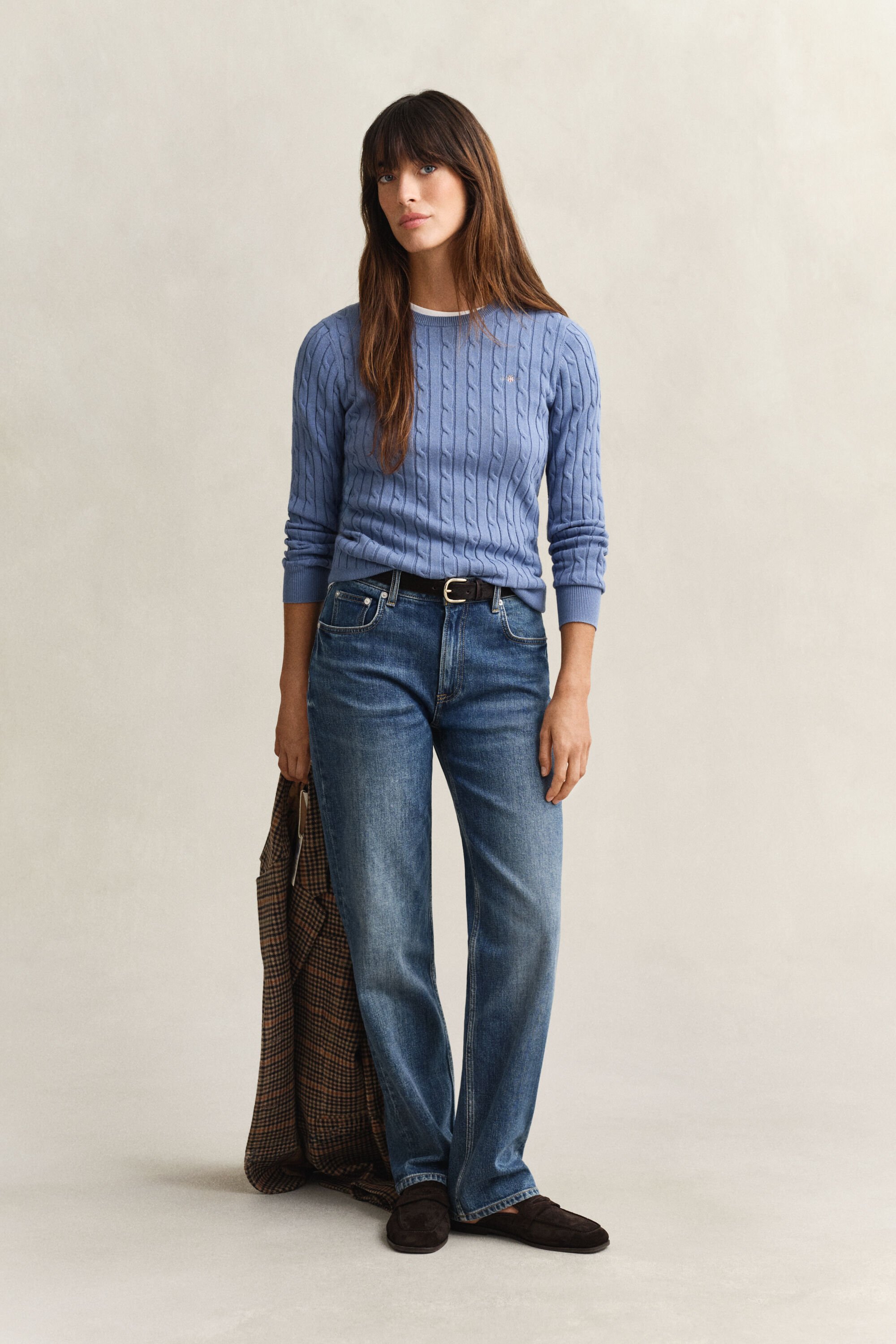 Camisola de malha entrançada com decote redondo